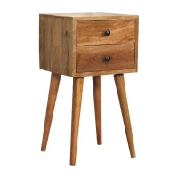 Solid Mango Wood Mini Bedside Table with 2 Smooth-Gliding Drawers, Hand-finished Desk with Grain Pattern, 30L x 30W x 57H cm, Brown(m-10)