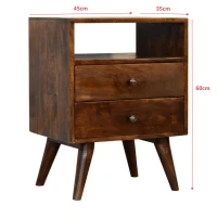 Solid Mango Wood Bedside Cabinet with 2 Smooth‑gliding Drawers, Classic Nightstand with Open Shelf, 35L x 45W x 60H cm, Brown(m-3)
