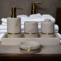 Set of 5 Marble Bathroom Accessory with Brass Inlay and Understated Sheen, Hand-Finished Set with Fully Assembled, 7.5L x 7.5W x 10H cm, White(m-1)