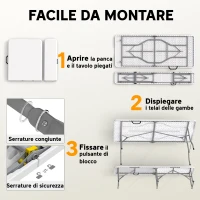 Outsunny Set da Pic Nic Pieghevole a 3 Pezzi con Tavolo e 2 Panche in HDPE e Metallo, Bianco e Grigio Chiaro(m-4)