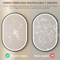 HOMCOM Espejo de Baño con Luz 60x90 cm Espejo de Pared Ovalado 3 Colores de Luz Brillo Regulable Función Antivaho Negro(m-7)