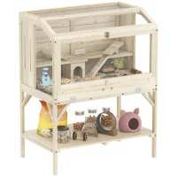 PawHut Jaula para hámsters, 2 niveles, jaula para pequeños animales con compartimento de almacenamiento, accesorios, 84 x 53 x 110 cm, madera natural(m-6)