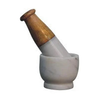Small Marble Pestle and Mortar with Handcrafted Wood, Compact Kitchen Accessory Set with Marble Blend, 7L x 7W x 6H cm, Brown+White(m-7)