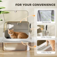 PawHut XXL Stainless Steel Cat Litter Tray, Enclosed Cat Litter Box with 90° Flip Cover, Double Doors, Scoop, Easy Clean, Grey(m-7)