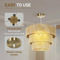 HOMCOM Hemp Rope Ceiling Light, 3-Layer Boho Pendant Light, 4 x E14 Vintage Ceiling Lamp Fixtures for Living Room, Bedroom, Kitchen, Hallway, Light Brown(m-5)