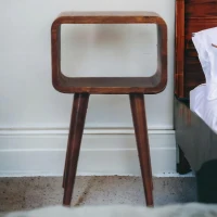 100% Solid Mango Wood Mini Curved Nightstand with Open Shelf and Stain-Based Finish, Table for Bedroom, 25L x 30W x 50H cm, Brown(m-1)