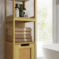 kleankin Armario Alto para Baño con 3 Estantes y 2 Cajones de Bambú Estilo Moderno 30x30x144,3 cm Natural(m-8)