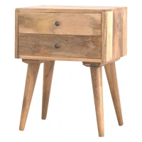 Solid Mango Wood Bedside Table with Nordic Legs and Clear Natural Finish, Bedside Cabinet with 2 Drawers, 35L x 45W x 57H cm, Brown(m-7)