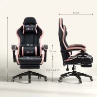 Vinsetto Silla Gaming Silla Gamer de Cuero PU Reclinable 135° Reposacabezas y Reposapiés 65x65x121-129 cm Negro y Rosa(m-3)