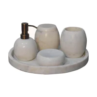 5-Piece Marble Bathroom Accessories Set with Sustainable Durable Design, Hand-Finished Set with Solid Mango Wood, 10L x 10W x 14H cm, White(m-2)