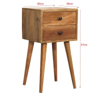 Solid Mango Wood Mini Bedside Table with 2 Smooth-Gliding Drawers, Hand-finished Desk with Grain Pattern, 30L x 30W x 57H cm, Brown(m-3)
