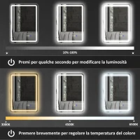 HOMCOM Specchio Bagno LED con Bluetooth, Illuminazione Regolabile e Funzione Memory, in Vetro Temperato, 70x50x3.5 cm(m-6)