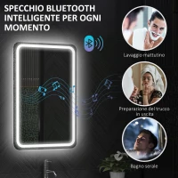 HOMCOM Specchio Bagno LED con Bluetooth, Illuminazione Regolabile e Funzione Memory, in Vetro Temperato, 70x50x3.5 cm(m-5)