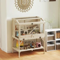 PawHut Gaiola para hamster em madeira, gaiola para roedores de 2 níveis, prateleira de armazenamento, tampa superior, 84 x 53 x 110 cm, madeira natural(m-6)
