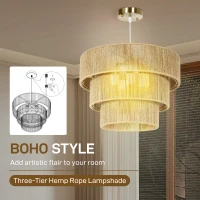 HOMCOM Hemp Rope Ceiling Light, 3-Layer Boho Pendant Light, 4 x E14 Vintage Ceiling Lamp Fixtures for Living Room, Bedroom, Kitchen, Hallway, Light Brown(m-4)