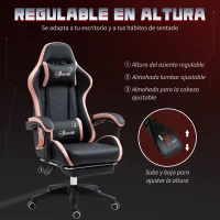 Vinsetto Silla Gaming Silla Gamer de Cuero PU Reclinable 135° Reposacabezas y Reposapiés 65x65x121-129 cm Negro y Rosa(m-4)