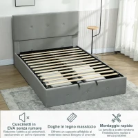 HOMCOM Letto Contenitore con Spazio a Scomparsa e Testiera Vellutata a Trapunta, in Legno e Metallo, 195x141x106 cm, Grigio(m-7)