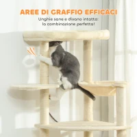 PawHut Albero per Gatti Alto 200 cm Multilivello con 2 Casette, 2 Lettini e Amaca, Struttura per 2-3 Gatti, Beige(m-7)