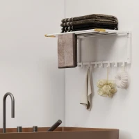 HOMCOM Portasciugamani a Parete Pieghevole con 5 Barre e 6 Ganci in Legno e Acciaio, 60x32.5x20 cm, Bianco(m-8)