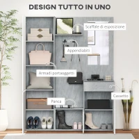HOMCOM Mobile da Ingresso 4 in 1 con Specchio, Ganci e Ripiani Interni, in Legno, 145x29x184 cm, Grigio e Bianco(m-4)
