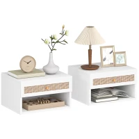 HOMCOM Juego de Mesitas de Noche Flotantes con Cajón de Ratán y Estante Abierto para Dormitorio 40x34x23cm Blanco(m-10)
