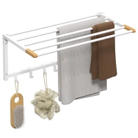 HOMCOM Portasciugamani a Parete Pieghevole con 5 Barre e 6 Ganci in Legno e Acciaio, 60x32.5x20 cm, Bianco(m-11)