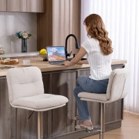 HOMCOM Lot de 2 Tabourets Hauts de Cuisine Pivotants Revêtus Effet Lin avec Hauteur Réglable Dossier et Repose-pieds Beige(m-4)