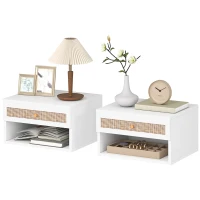 HOMCOM Juego de Mesitas de Noche Flotantes con Cajón de Ratán y Estante Abierto para Dormitorio 40x34x23cm Blanco(m-11)