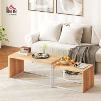 HOMCOM Juego de 2 Mesas de Centro Mesa Nido Moderna Marco de Metal para Salón 90x48x42 cm y 59x42x36 cm Natural y Blanco(m-2)