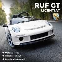 AIYAPLAY Mașină pentru Copii 3-5 Ani cu Licență Oficială RUF GT, Telecomandă, Centură de Siguranță și Muzică, Alb(m-4)