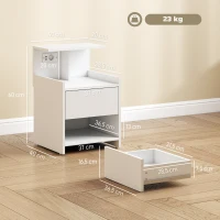 HOMCOM Mesita de Noche con Estación de Carga Puertos USB Cajón y Estantes Mesilla de Noche Dormitorio 40x40x60 cm Blanco(m-3)