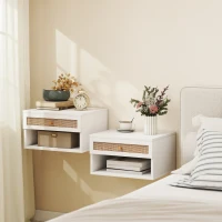 HOMCOM Juego de Mesitas de Noche Flotantes con Cajón de Ratán y Estante Abierto para Dormitorio 40x34x23cm Blanco(m-2)