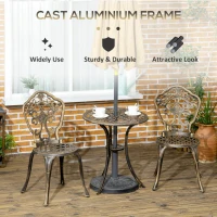 Outsunny 3 Piece Cast Aluminium Garden Bistro Set for 3 with Parasol Hole, Outdoor Coffee Table Set, Two Armless Chairs and Round Coffee Table for Balcony, Patio, Bronze(m-5)