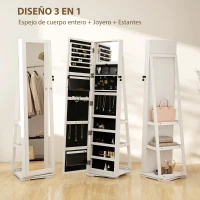 HOMCOM Espejo Joyero Giratorio 360° Organizador de Joyas con Cerradura y Espejo Pequeño Incorporado 38x38x160 cm Blanco Veteado(m-4)
