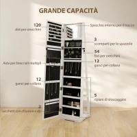 HOMCOM Specchio Portagioie Girevole per Camera da Letto con 2 Chiavi, in Legno Bianco e Vetro, 38x38x160 cm(m-5)