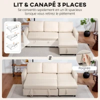 HOMCOM Canapé d'angle convertible modulable avec méridienne réversible, coffre de rangement et 3 coussins de dossier, crème(m-4)
