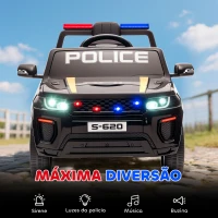 AIYAPLAY Carro Elétrico para Crianças de Polícia 12V com Motor Duplo Suspensão em 4 Rodas Sirene Faróis LED Porta USB Bluetooth e Música Preto(m-6)