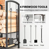 Outsunny Metal Firewood Log Holder 2 Layer Firewood Rack Indoor Outdoor Fireplace Wood Storage Shelf with 4 Tools and Hooks, Black, 40L x 30W x 74.5H cm(m-5)