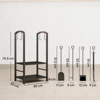 Outsunny Estante de Leña para chimenea Soporte para Leña de 2 Niveles Leñero Exterior e Interior Metálico con 4 Herramientas para Chimenea Carga Máx.100 kg 40x30x74,5 cm Negro(m-3)