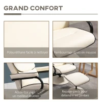 HOMCOM Fauteuil relax avec pouf, fauteuil TV avec dossier inclinable, pivotant à 360° assise rembourrée confortable, crème(m-6)