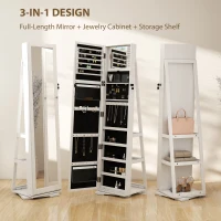 HOMCOM 360° Swivel Jewellery Cabinet, Free Standing Full Length Mirror with Storage, Lockable Jewellery Organiser with Built-in Makeup Mirror and Storage Shelves for Bedroom, White(m-4)