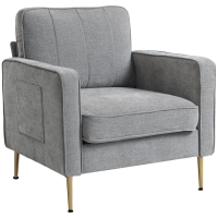 HOMCOM Fauteuil en tissu avec pieds en acier doré, grand confort, pochettes latérales, pour salon, bureau, chambre, gris