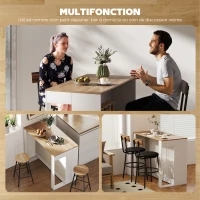 HOMCOM Table de bar, table haute cuisine à 3 niveaux 2 compartiments ouverts, plateau effet bois naturel 113 x 60 x 90 cm blanc(m-6)