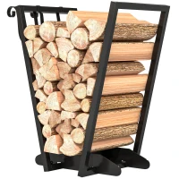 Outsunny Scaffale Portalegna con Ganci da Esterno e Interno in Acciaio, 45x32x58cm, Nero(m-10)