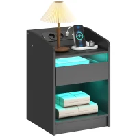 HOMCOM Mesita de Noche con Estación de Carga Luz LED RGB Cajón Estante Abierto Puertos USB y Control Remoto 40x40x58 Cm Negro(m-10)