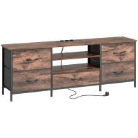 HOMCOM Meuble TV 140 cm, meuble télé 65 pouces, station de charge, 5 tiroirs en tissu, étagères ouvertes, 140x30x50cm, marron(m-12)