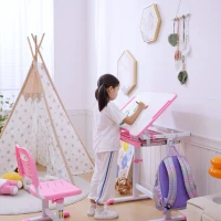 HOMCOM Kids Desk and Chair Set, Student Adjustable Writing Desk, with Drawer, Pen Slot, Hook - Pink(m-8)