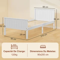 HOMCOM Cadre de lit 90 x 200 cm, lit simple en bois massif avec sommier à lattes tête et pied inclus, assemblage facile, blanc(m-3)