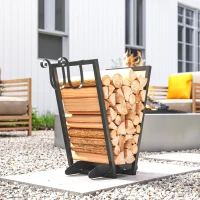 Outsunny Scaffale Portalegna con Ganci da Esterno e Interno in Acciaio, 45x32x58cm, Nero(m-7)