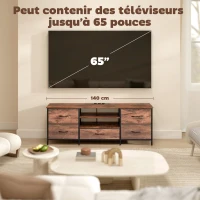 HOMCOM Meuble TV 140 cm, meuble télé 65 pouces, station de charge, 5 tiroirs en tissu, étagères ouvertes, 140x30x50cm, marron(m-7)